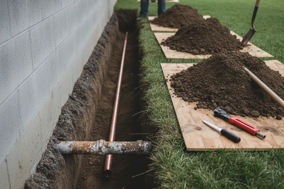 Excavated water line trench during Water Softener Installation in Tobaccoville